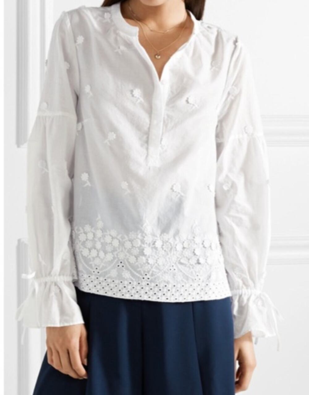 J. Crew Floral Embroidered Cotton Long Sleeve Top Blouse White Small